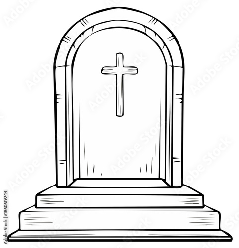 Hand drawn cartoon tombstone with a Christian cross symbol line art illustration