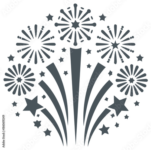 Dark grey stylized fireworks display with bursting star shapes and trails