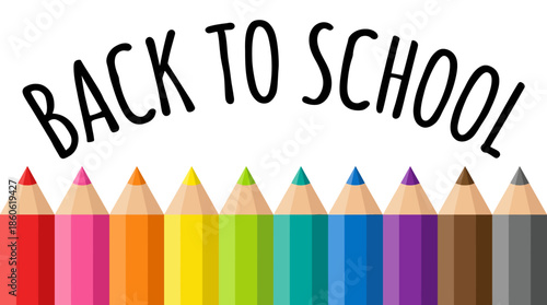 Back to School: vibrant rainbow colored pencils lined up in a row, colorful school supplies for learning and art