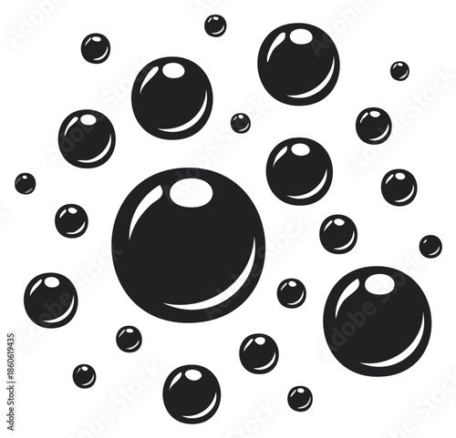 Glossy Black Bubbles on White Background Floating Vector Illustration