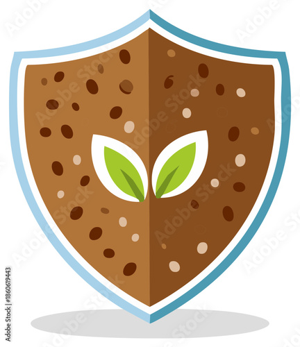 Eco-friendly shield with green leaves growing from fertile soil particles, symbolizing environmental protection and growth.