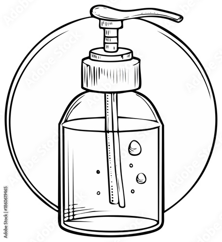 Hand sanitizer pump dispenser bottle black and white line art vector illustration.