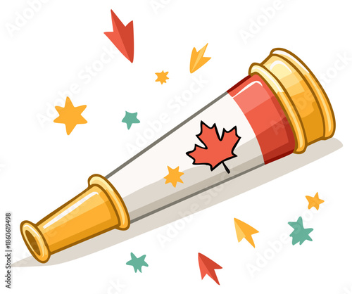 Cartoon telescope with Canadian flag and maple leaf symbol, surrounded by colorful stars and arrows