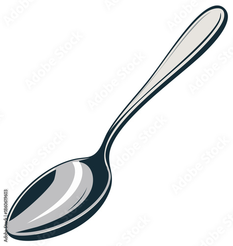 Illustration of a shiny, clean, metal spoon. Isolated design element.