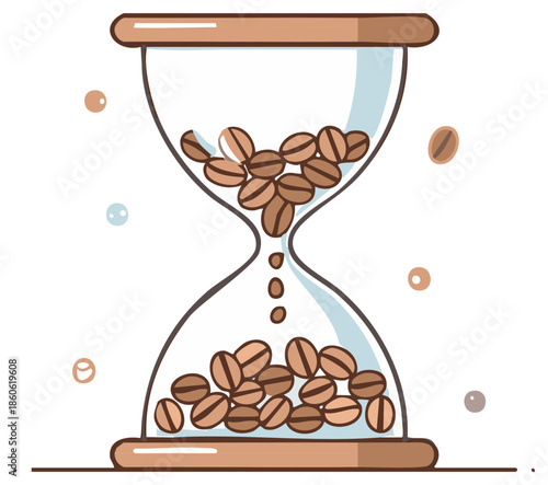 Hourglass with coffee beans falling, time concept illustration