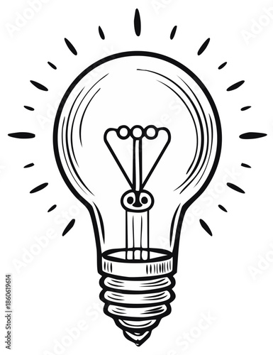 Hand drawn light bulb illustration radiating bright light lines symbolizing innovation and ideas