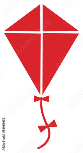 Red kite illustration. Diamond shape flying toy with bow and curved tail, vector isolated.
