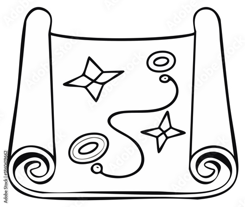 Hand drawn treasure map with star shapes and dotted path showing destination points