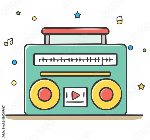 Retro boombox with stars and musical notes in cartoon style