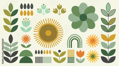 Whimsical botanical pattern with leaves, flowers, sun motifs and geometric accents for nature-inspired design and textiles