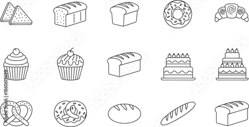 Bakery icons, bread symbols, donut illustration, cupcake vector, croissant graphic, pretzel design, cake icons, baked goods, pastry art, dessert set
