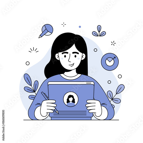 Young caucasian female designing on tablet with stylus in modern workspace