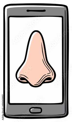 Cartoon Illustration of a Nose Inside of a Smartphone Screen, Technology Concept