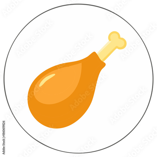 Roasted chicken leg illustration within a white circular frame, food graphic