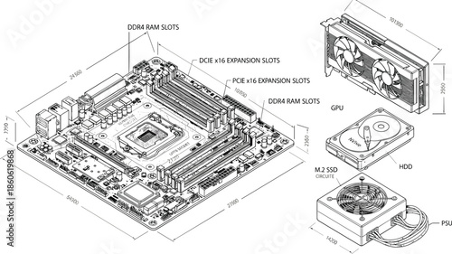 Computer motherboard blueprint illustration, detailed PC hardware diagram, showing GPU, RAM slots, PCIe, SSD, HDD, PSU components