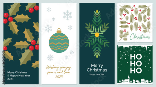 Set of festive Christmas greeting cards featuring holly berries, pine branches, ornaments and snowflakes with elegant seasonal typography