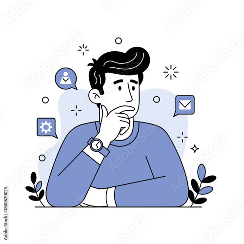 Thoughtful young caucasian male contemplating business solutions with interface icons