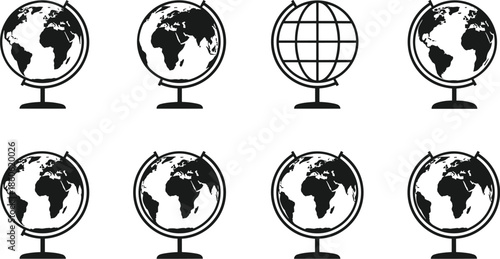 Globe illustrations, Earth map icons, wireframe sphere, geography concept, global education, world continents, visual puzzle, planet Earth graphics