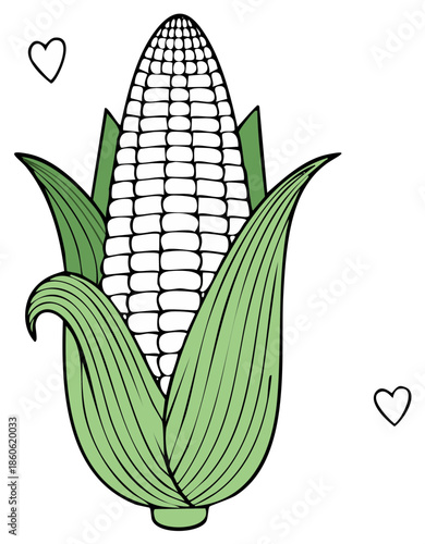 Stylized illustration of a ripe corn cob with green husks and a heart symbol