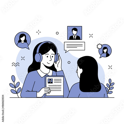 Female job interviewer with headphones analyzing candidate profiles and resumes