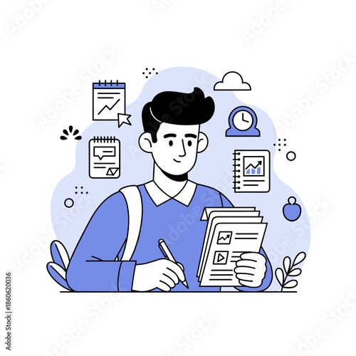 Young caucasian male teen studying with notes and charts