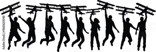 People jumping with toy airplanes silhouettes, childhood dreams aviation hobby playful teamwork black vector illustration isolated white