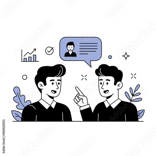 Two young caucasian males engaged in business discussion with graphs and communication icons