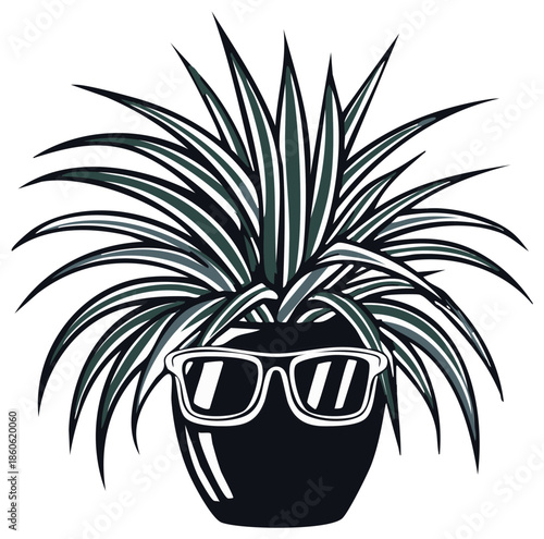 Cool spider plant in a black pot wearing sunglasses, a humorous anthropomorphic houseplant character