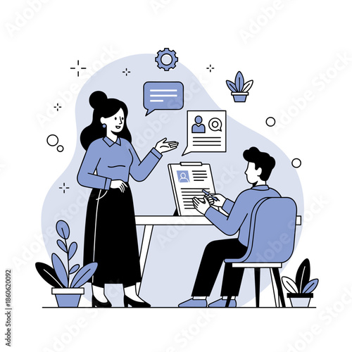 Female recruiter reviewing resume with male applicant in modern office setting