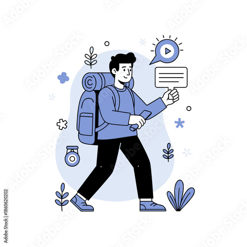 Young caucasian male hiker exploring with backpack and smartphone in nature