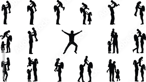 Happy family silhouettes set, parents playing lifting children love bonding moments black vector illustration collection isolated white