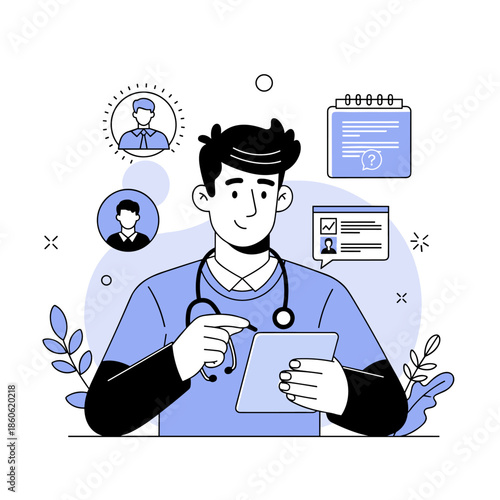 Young male doctor using tablet for online consultation and medical records management