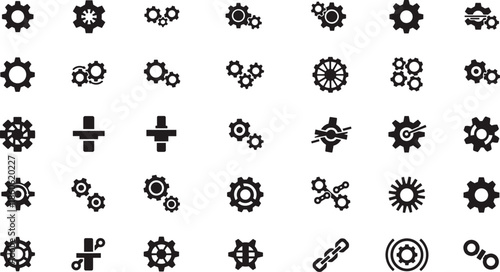 Mechanical gear icons, industrial components, engineering symbols, machinery parts, gear wheels, mechanical linkages, black silhouettes, vector design, technical illustration