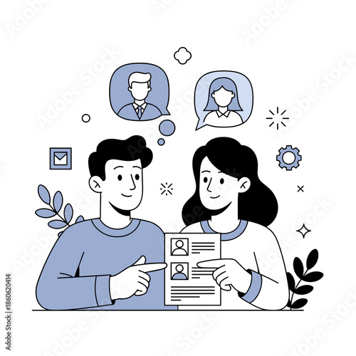 Young caucasian male and female discussing job applicants illustrated in cartoon style