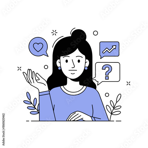 Illustration of a woman thinking with heart and question icons