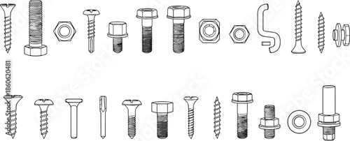 Screws, bolts, nuts, washers, fasteners, hardware, technical drawing, mechanical components, construction tools, engineering parts, DIY, assembly, repair, industrial, threaded, metal