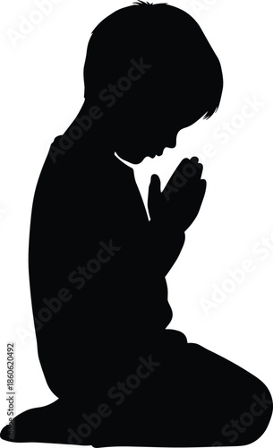 Silhouette of praying child kneeling in faith, spiritual devotion, peaceful prayer concept isolated on white background for religion meditation worship