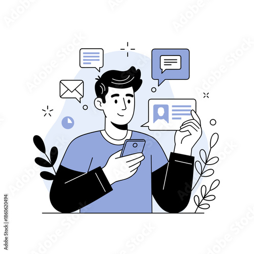 Young caucasian male engages with social media on smartphone in simple illustration