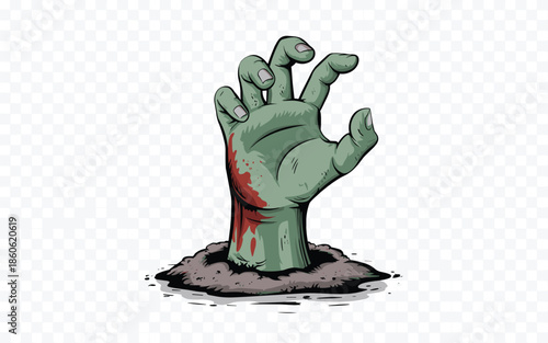 Undead green zombie hand crawling out of dirt with blood splatters isolated on transparent background.