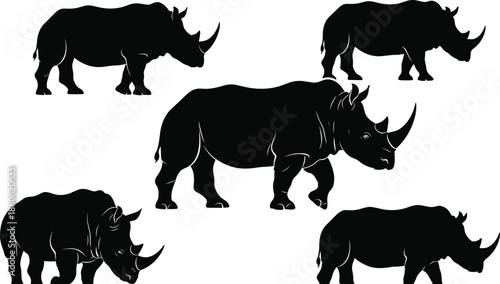 Rhinoceros silhouette vector set, black white rhino animal icons, wildlife safari illustration pack, endangered species design collection