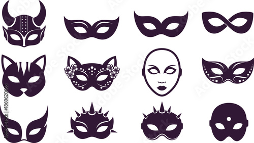 Carnival mask icon set, masquerade party vector collection, fantasy face disguise silhouettes, halloween costume design elements bundle