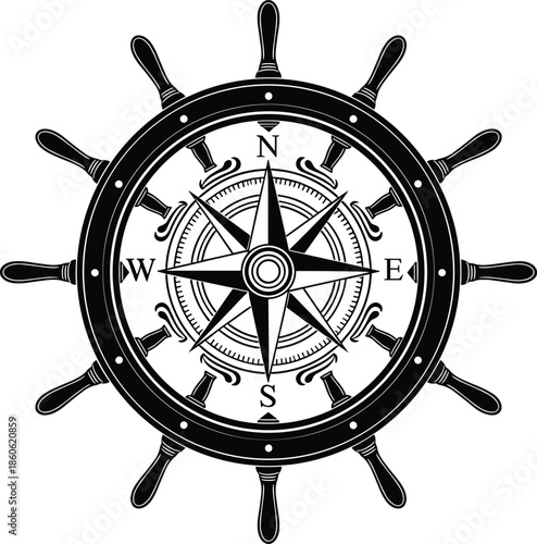 Vintage nautical compass rose illustration, ship steering wheel navigation symbol, black and white maritime vector isolated on white background