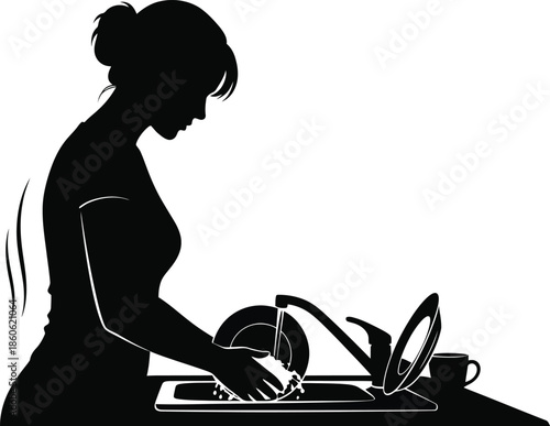 A woman washing dishes in a sink with a kettle and cup nearby