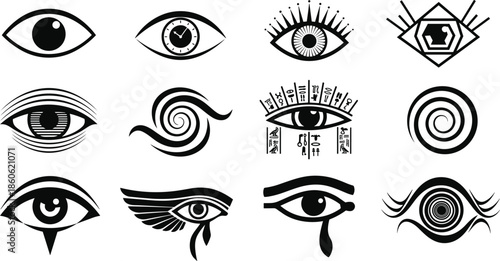 Mystical eye symbol icon set, abstract sacred vision signs collection, black occult spiritual vector illustrations isolated on white background