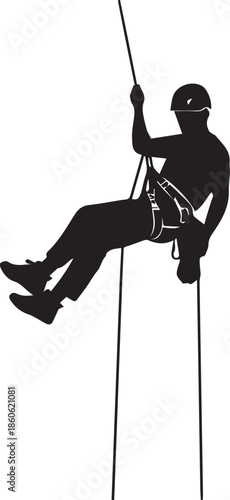 Professional Rock Climber Rappelling Down Cliff with Safety Harness and Helmet in Dramatic Silhouette