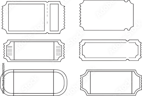 Collection of six blank ticket outlines for events, entry, or coupons - vector illustration