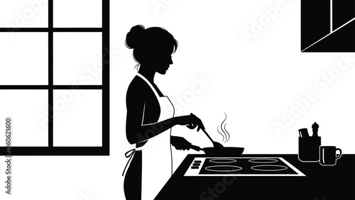 A woman cooks in a kitchen wearing an apron