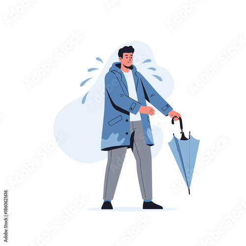 Young caucasian male in raincoat with umbrella feeling surprised by rain