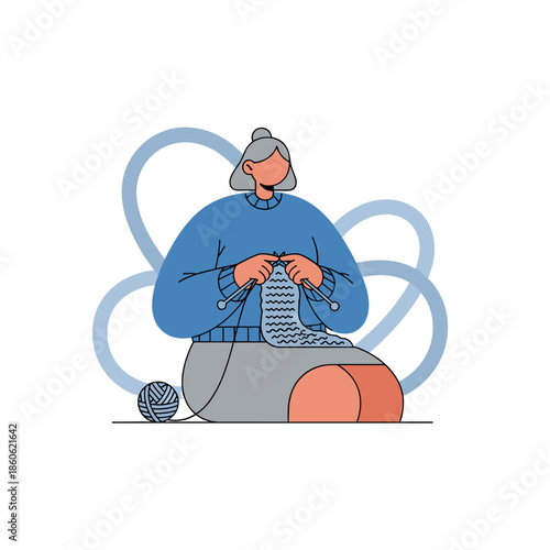 Woman knitting yarn with needles in relaxed pose