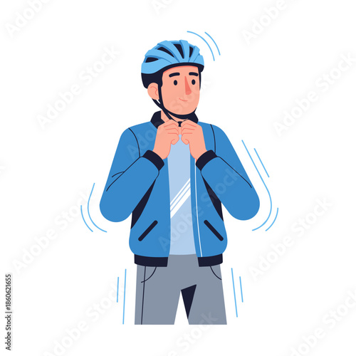 Male cyclist fastening helmet - safety and preparation